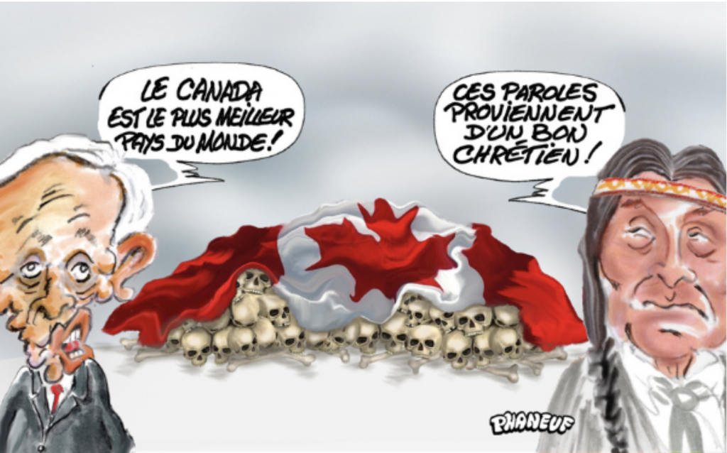 Political Cartoon of Jean Chrétien speaking to an Indigenous person with a mound of skulls covered by the Canadian flag in the background 