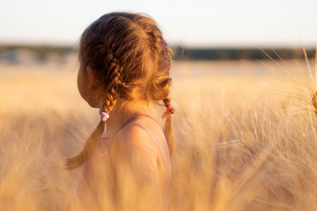 Child with braids in their hair looks over a field